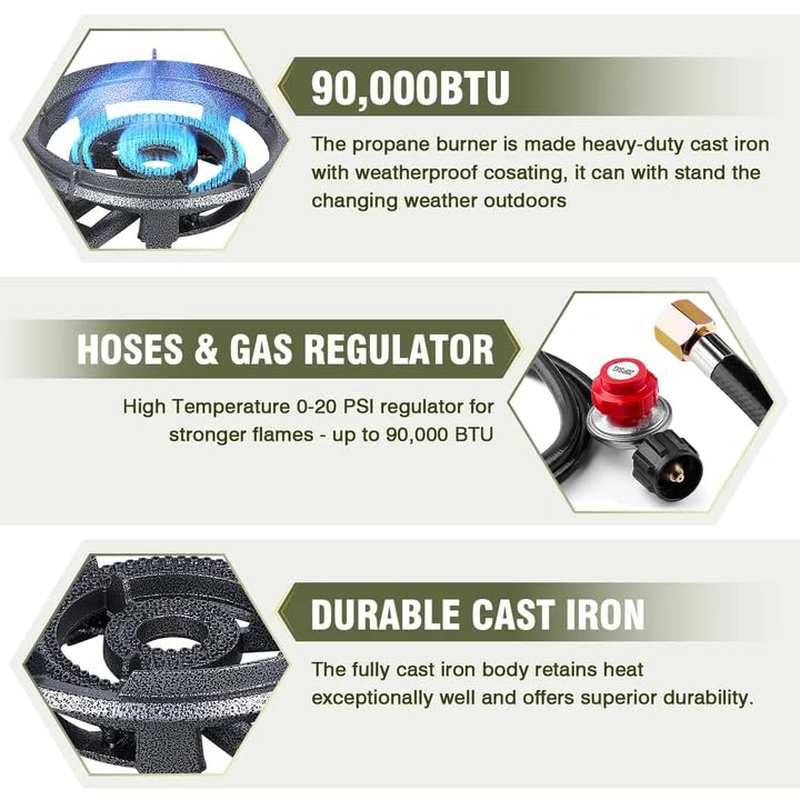 Bestfire 13" Single Propane Burner Stove 90,000 BTU Cast Iron Portable Outdoor Burner with 0-20 PSI Adjustable Regulator a...