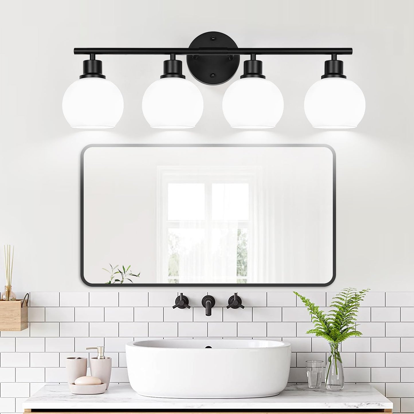 Indoi 4-Light Bathroom Light Fixtures, Black Bathroom Lights Over Mirror with Milky White Frosted Glass Globe Shade, Vanity Lights for Bathroom Kitchen Living Room Hallway Cabinet Bedroom Porch