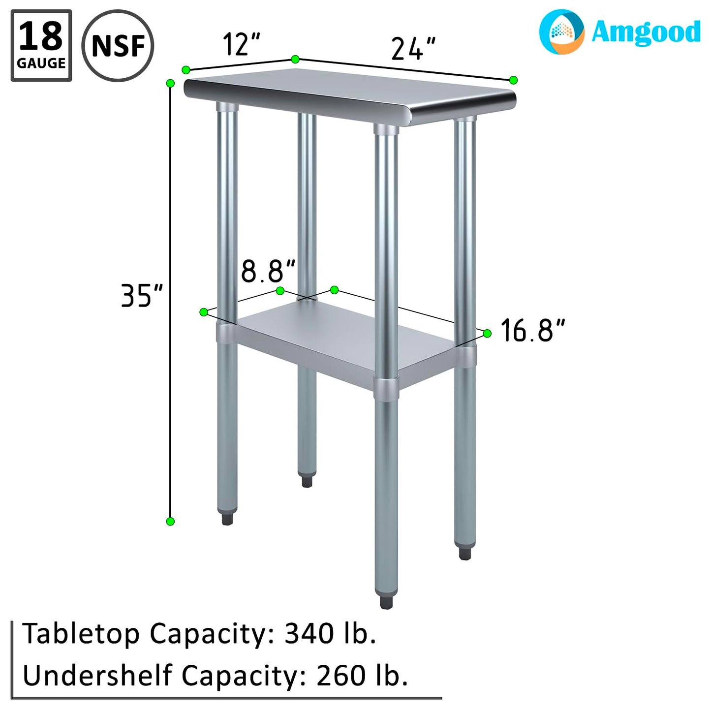 AmGood 24 in. x 12 in. Stainless Steel Work Table | Metal Kitchen Food Prep Table | NSF