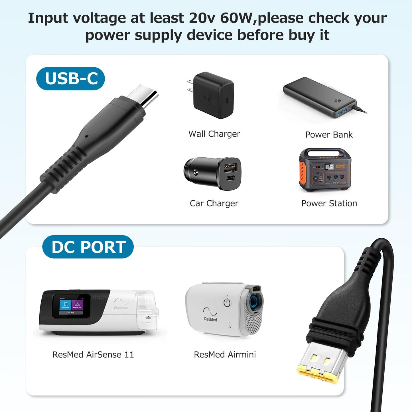 ResMed AirSense 11 DC Converter, TAIFU 20V PD USB-C Adapter for AirSense 11 Supplies 65W AutoSet Elite CPAP Air11 39205 E1399 Machines Power Supply Cord
