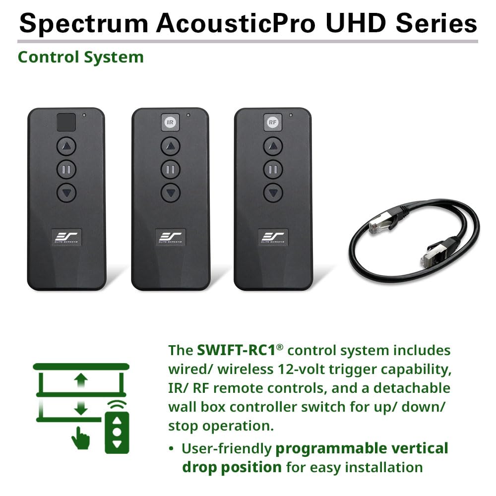 Elite Screens Acoustically Sound Transparent Spectrum Electric AcousticPro UHD,105-INCH Motorized Projector Screen Swift-RC1 Remote Kit Moiré-Free Perforated Weave Home Cinema, ELECTRIC105H2-AUHD
