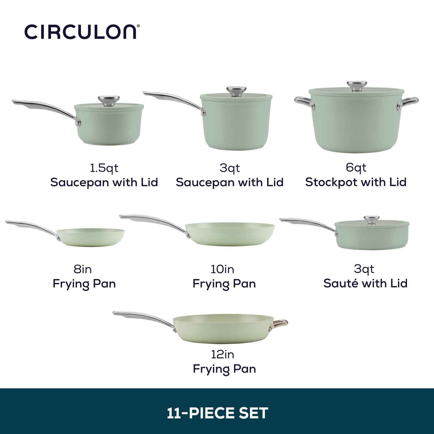 Circulon Halo with LaserDefense Ceramic Nonstick Cookware Set, 11-Piece Pots and Pans Set, Sage