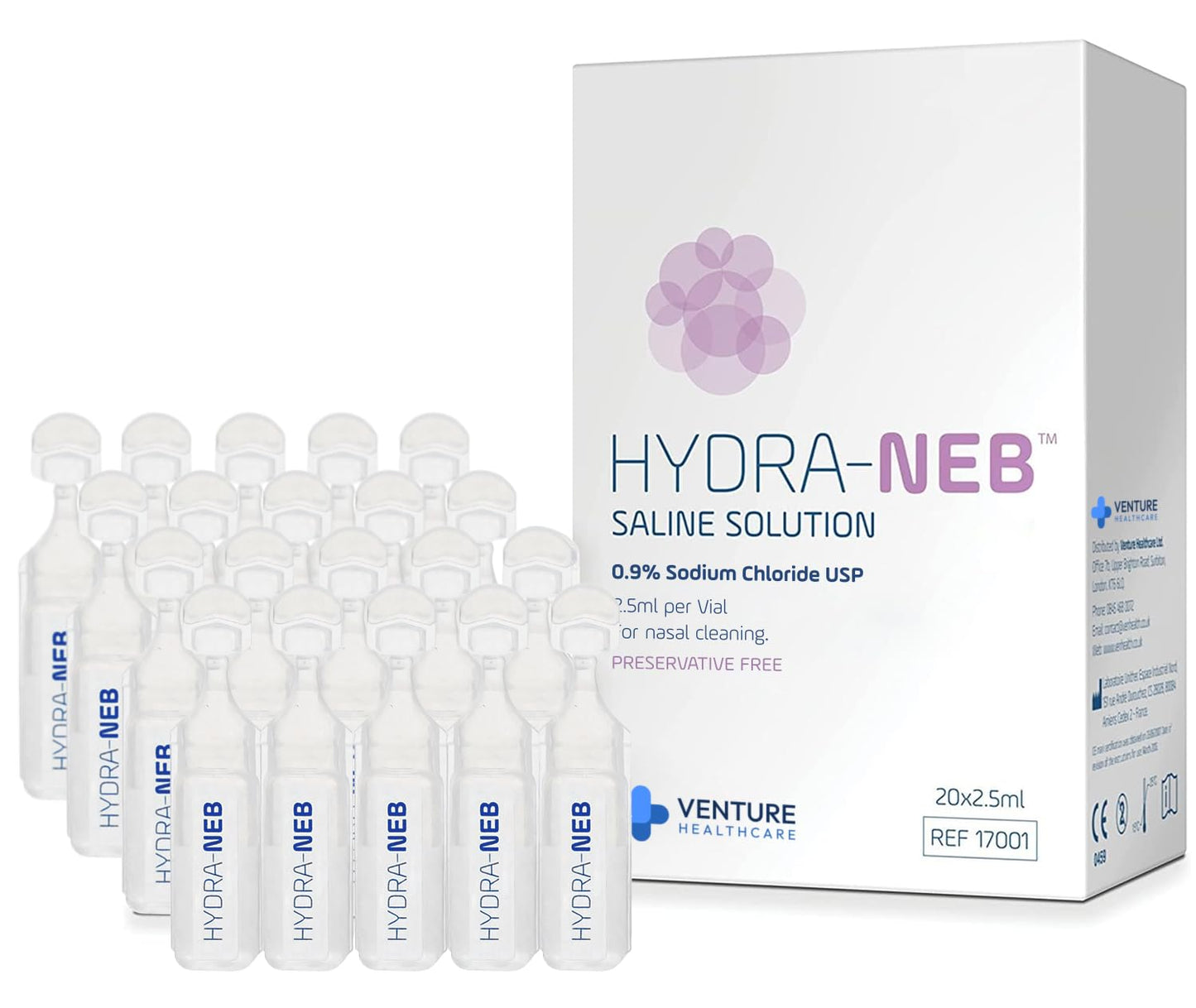 Hydra-Neb 0.9% Saline Solution for Nebulizer and Moisturizing of The Airways - Sodium Chloride 0.9% for Nose & Eyes, Nasal Cleanse for Adults and All Ages - 50ml / 1.69 fl oz