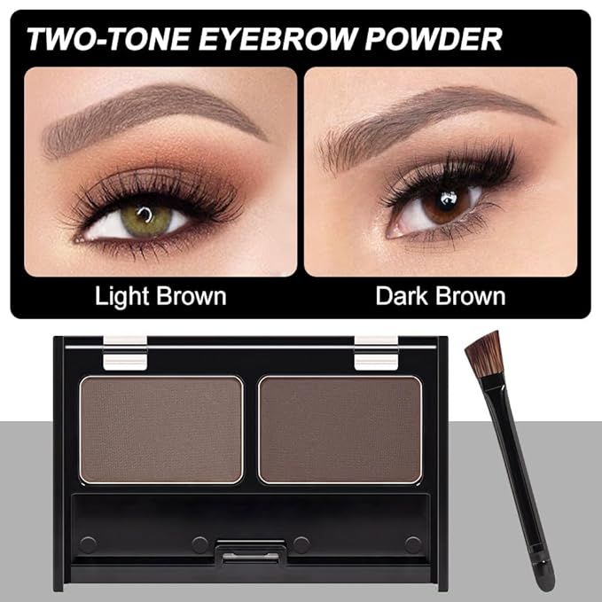 Eye Brow Powder for Women, Medium Brown Eyebrow Powder Kit with Double-ended Eyebrow Brush, Long-Lasting Waterproof Two Colors, Purse-Friendly Compact, Cruelty Free (Medium Brown+Brown)