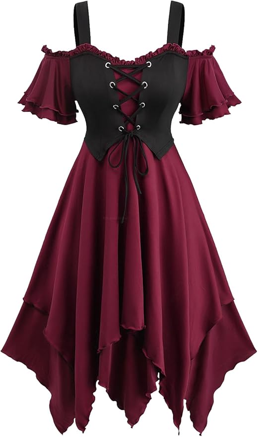 ROSE GAL Women Plus Medieval Renaissance Costume Dress Cold Shoulder Ruffles Layered Lace-up Underbust Corset Dress