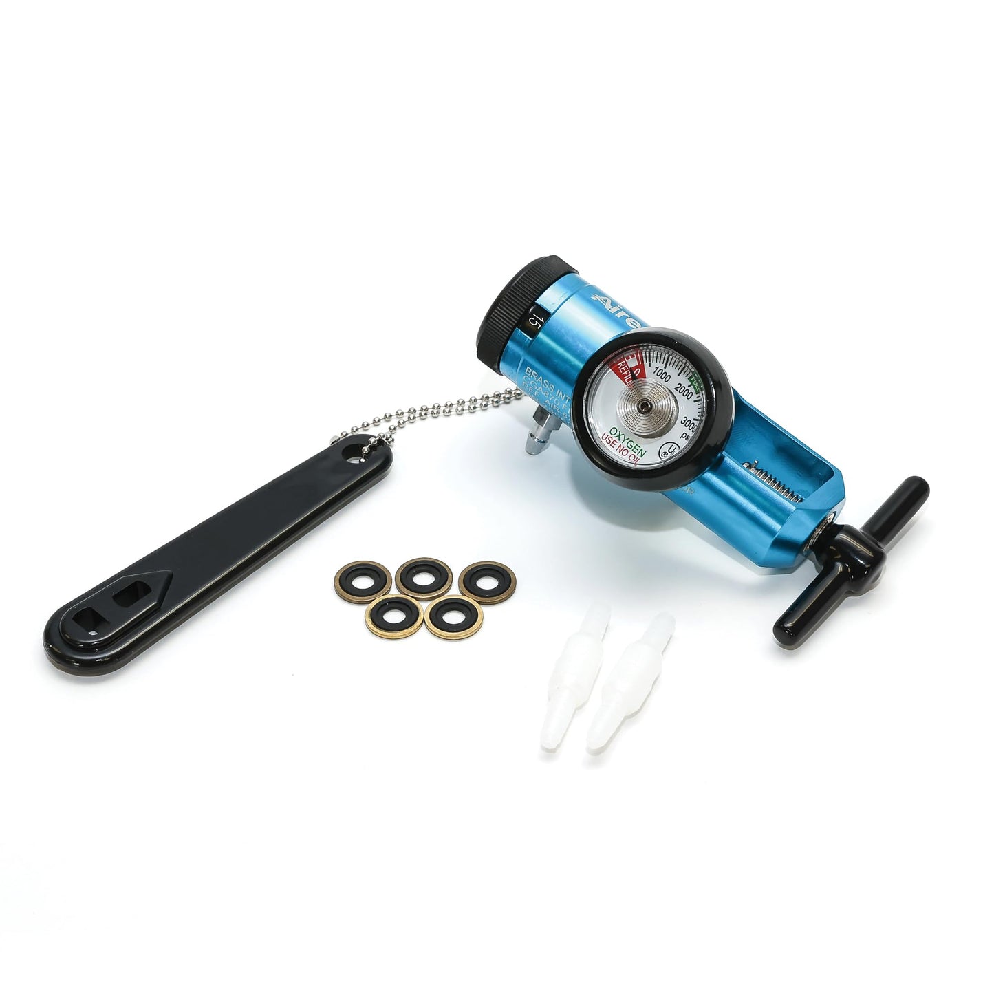 AireMed Oxygen Regulator 0-15LPM, CGA-870 Gauge Flow Rate – Includes Wrench Key, 5 Brass Yoke Washer Seals, and 2 Oxygen Tubing Swivel Connectors - Ergonomic Handle Design – Blue