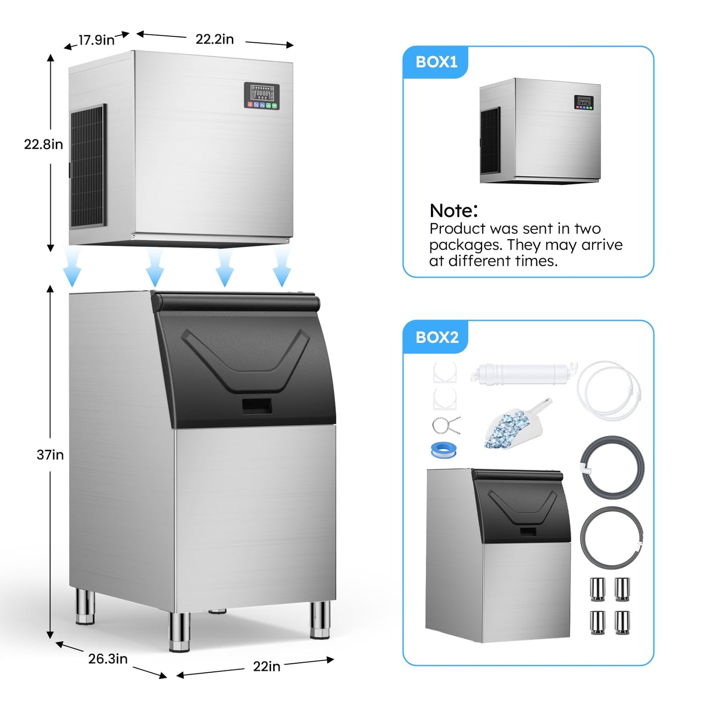 Commercial Ice Machine 450LBS/24H,Storage 400LBS,Large Industrial Ice Maker,Ice Ready in 5-15min,with Self-Cleaning Mode,with Timing Function,30 Levels of Ice Thickness Adjustment,Stainless Steel