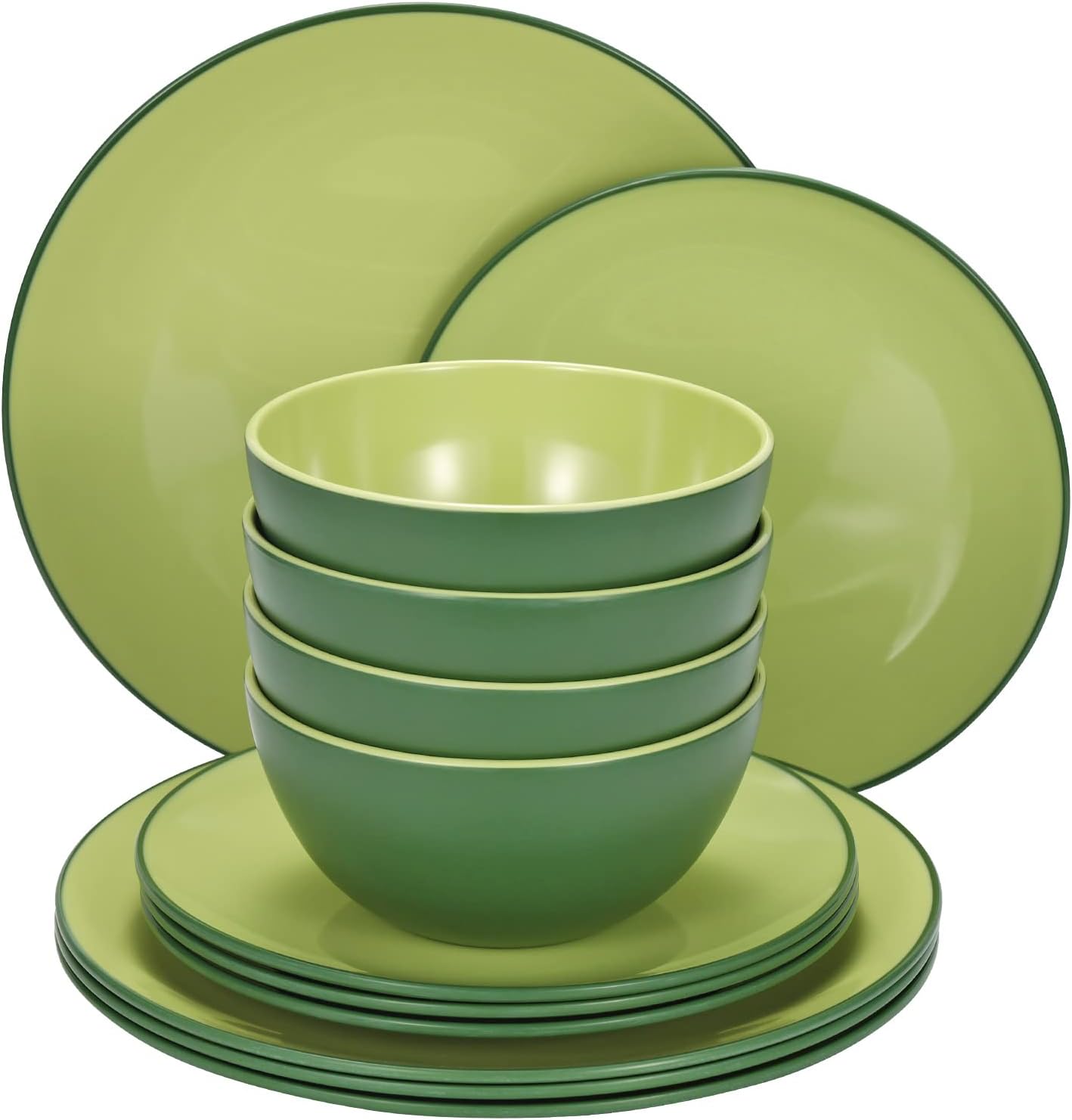 TP 12-Piece Dinnerware Set, Melamine Dishes Set with Bowls and Plates, Non-breakable and Lightweight Dinner Service for 4, Avocado Green