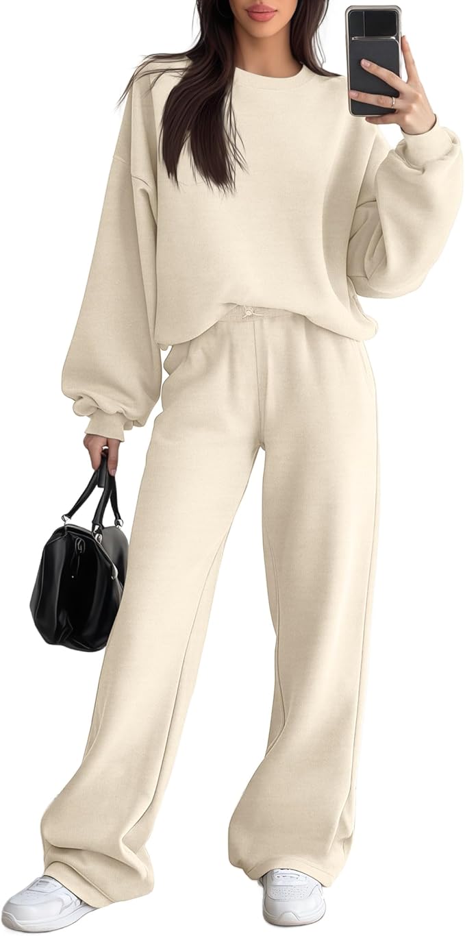 Sweetyweee Women's 2 Piece Outfits Set Fleece Lined Lounge Sweatsuit Crewneck Pullover Top Wide Leg Pants Casual Tracksuit