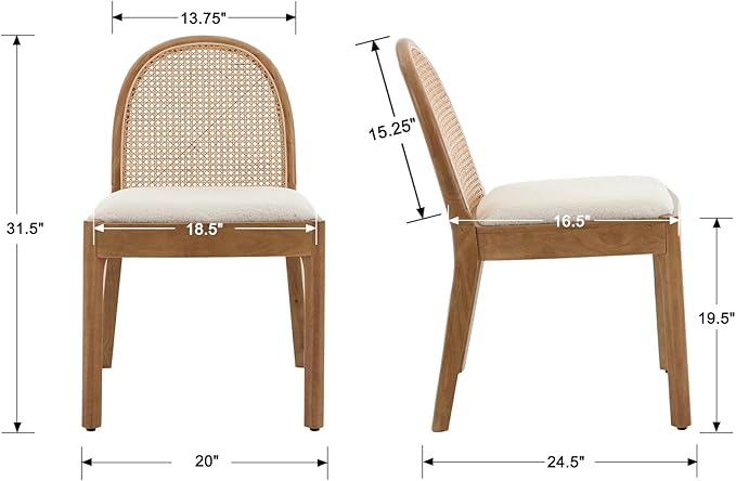 DUOMAY Mid-Century Modern Rattan Dining Chairs Set of 2, Wooden Dining Room Chair with Cane Backrest and Padded Seat, Sherpa Upholstered Dining Chair, Natural Finish, White