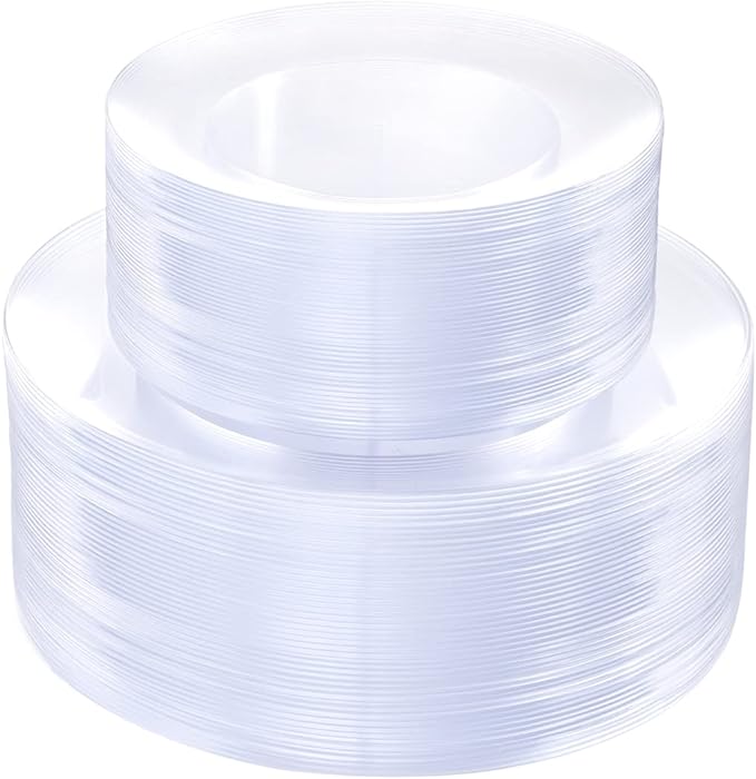 PULOTE 100Pieces Clear Plastic Plates - Premium Heavyweight Plastic Clear Plates Disposable for Wedding&Party Include 50 C...