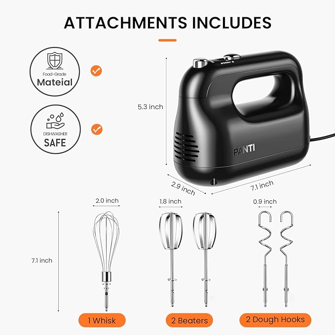 Hand Mixer Electric, PANTI Kitchen Handheld Small Mixer with Beaters and Whisk, 5 Dishwasher-safe Accessories, 5 Speeds & Eject Button, Portable Mixers for Easy Whipping Dough, Cake and Cream, HM3002