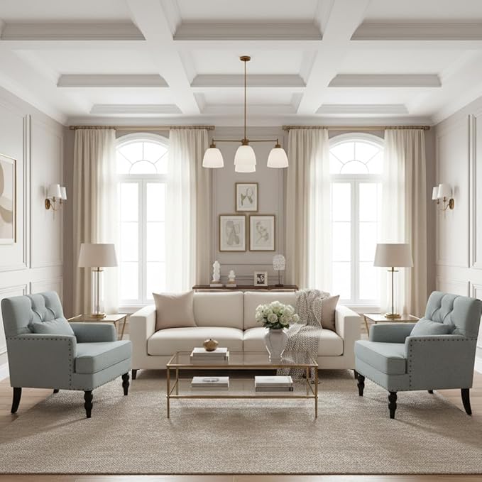 HUIMO Accent Chairs Set of 2, Tufted Club Chair Set of 2 with Lumbar Pillow,Upholstered Button Armchair, Linen Fabric Sofa Chairs for Bedroom, Living Room, Mid Century Modern Reading Chair,Light Blue