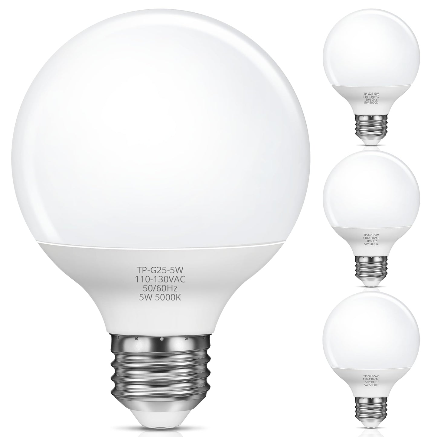 MAXvolador G25 LED Globe Light Bulbs 60W Equivalent, Daylight White 5000K Bathroom Vanity Round Bulb, 500LM E26 LED for Makeup Mirror, Non-Dimmable 4 Pack