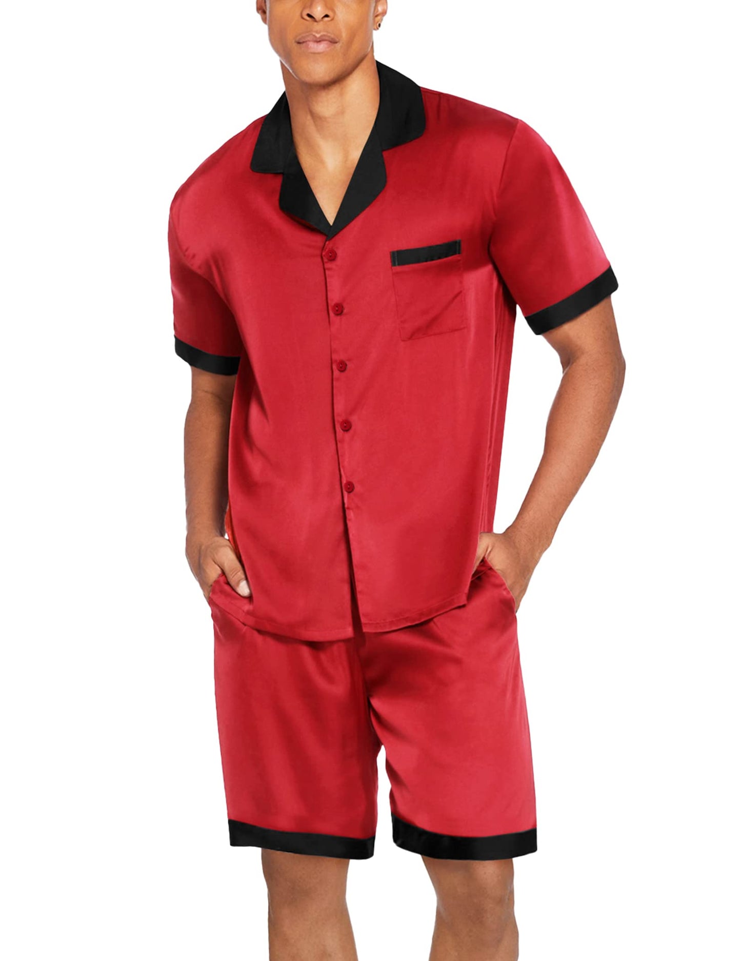 Ekouaer Men Satin Silk Pajamas Set with Pockets Sleepwear Shorts Satin Summer Loungewear 2 Piece Button Down Set S-3XL