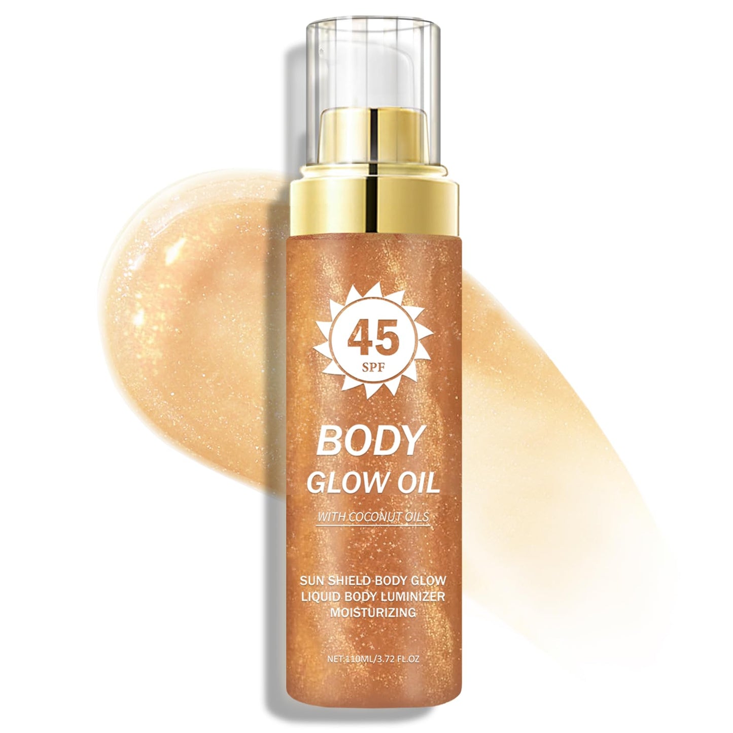 LZXLUKGIR Shimmer Sunscreen,SPF 45 Broad Spectrum,Body Shimmer Oil with Gold Mica,Moisturizing Coconut,Water Resistant Body Glow