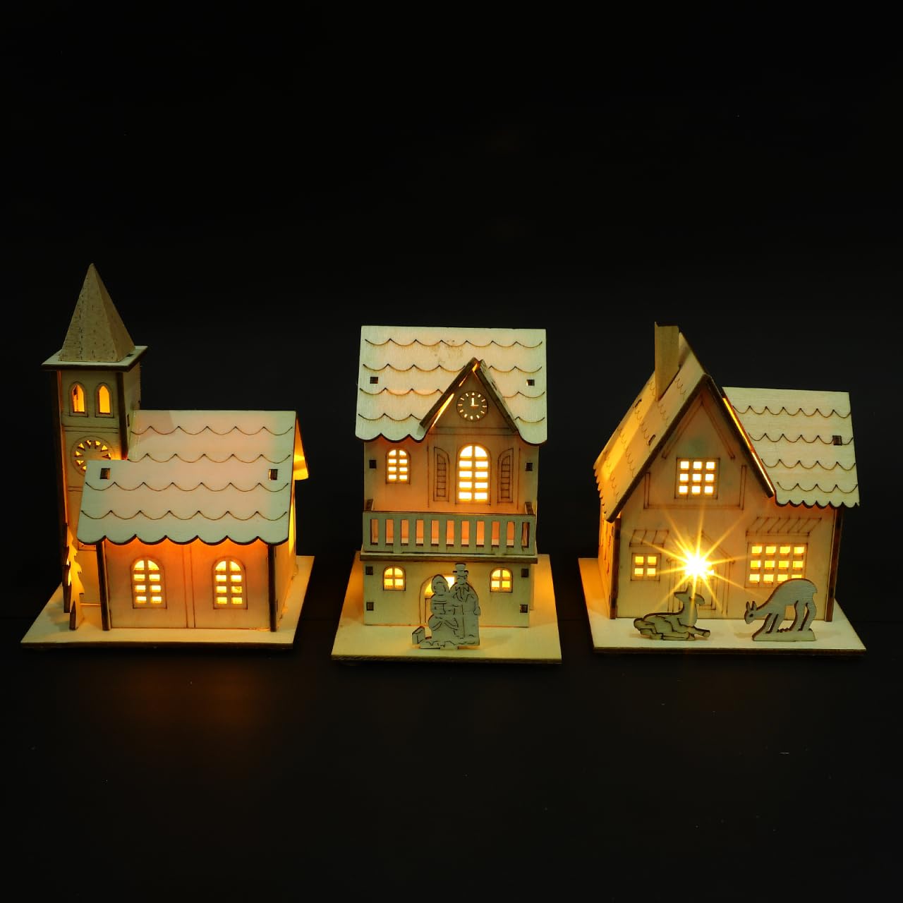Toyvian 3pcs Christmas Led Light Wooden House with Battery, Unfinished Wooden Christmas Village Mini Houses House Landscape Decors for Christmas Table Centerpieces Holiday Home Decor