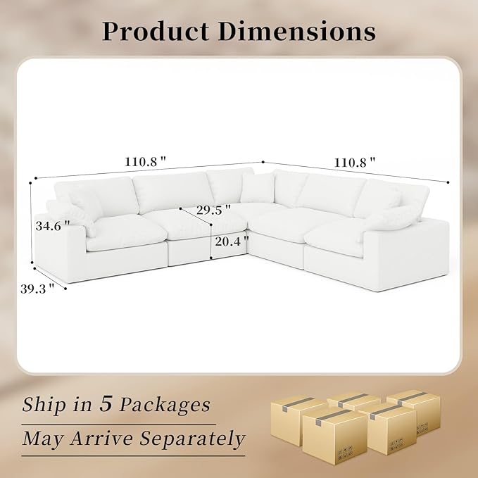Intuition Decor Modular Sectional Sofa Cloud Couch,Down Filled Comfy Cloud Modern Sofa,White Linen V Shape 5 Seater Oversized Couch Cushion Covers Removable for Living Room