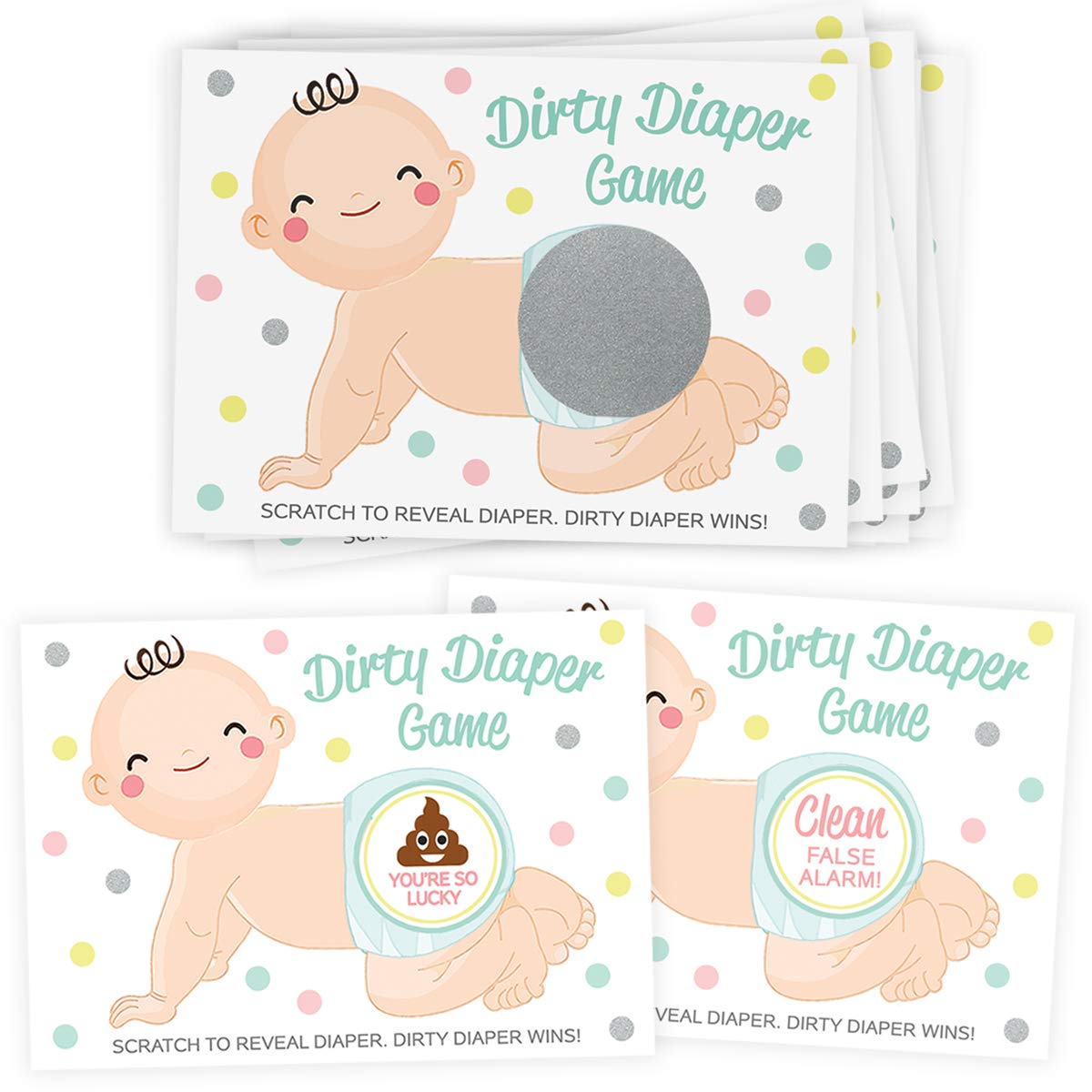 Printed Party Baby Shower Game – Dirty Diaper Scratch Off Raffle, Boy or Girl, 30 Cards and Stickers