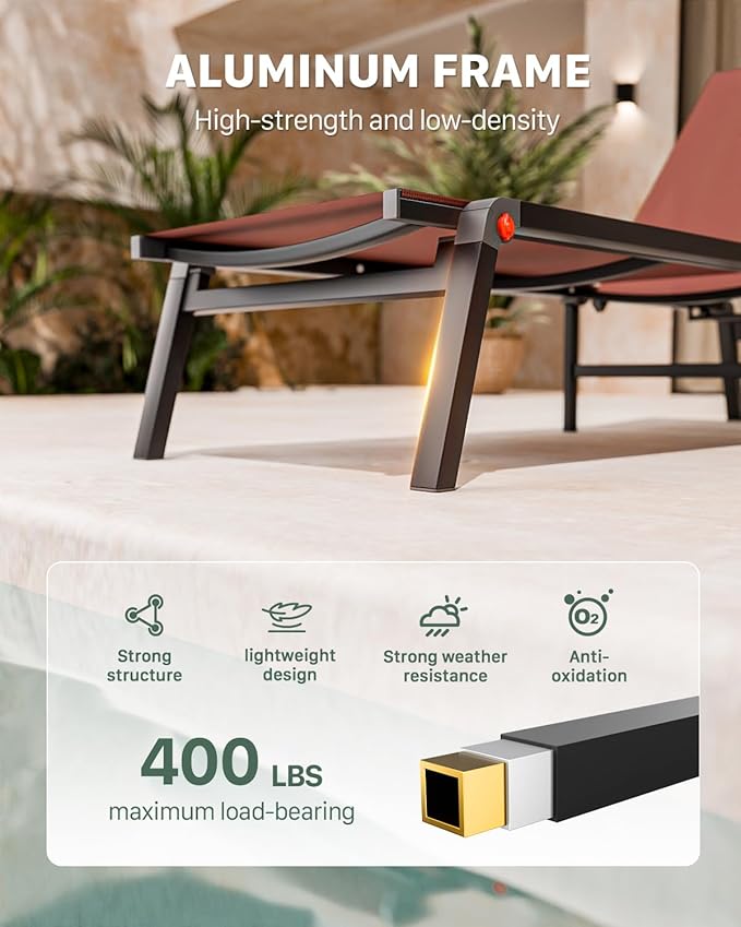 Aluminum Chaise Foldable Patio Lounge Chair Outdoor, Metal Deck Lounger Adjustable 5-Position Recliner Pool Chase Breathable Full Flat Outside Sun Tanning Chairs for Beach/Poolside/Lawn(Brown, 2 Pack)