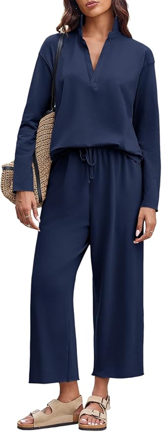 Imily Bela Womens 2 Piece Outfits Sweatsuit Long Sleeve Lapel V Neck Shirt and Wide Leg Pants 2025 Fall Trendy Tracksuit