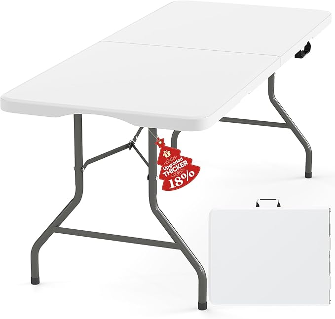Fenbeli Upgraded 18% Thickened Folding Table 6ft Made of HDPE Plastic, Heavy Duty (25lb), Stable Thicker Legs, Dining Indoor Outdoor for Camping, Picnic and Party, White