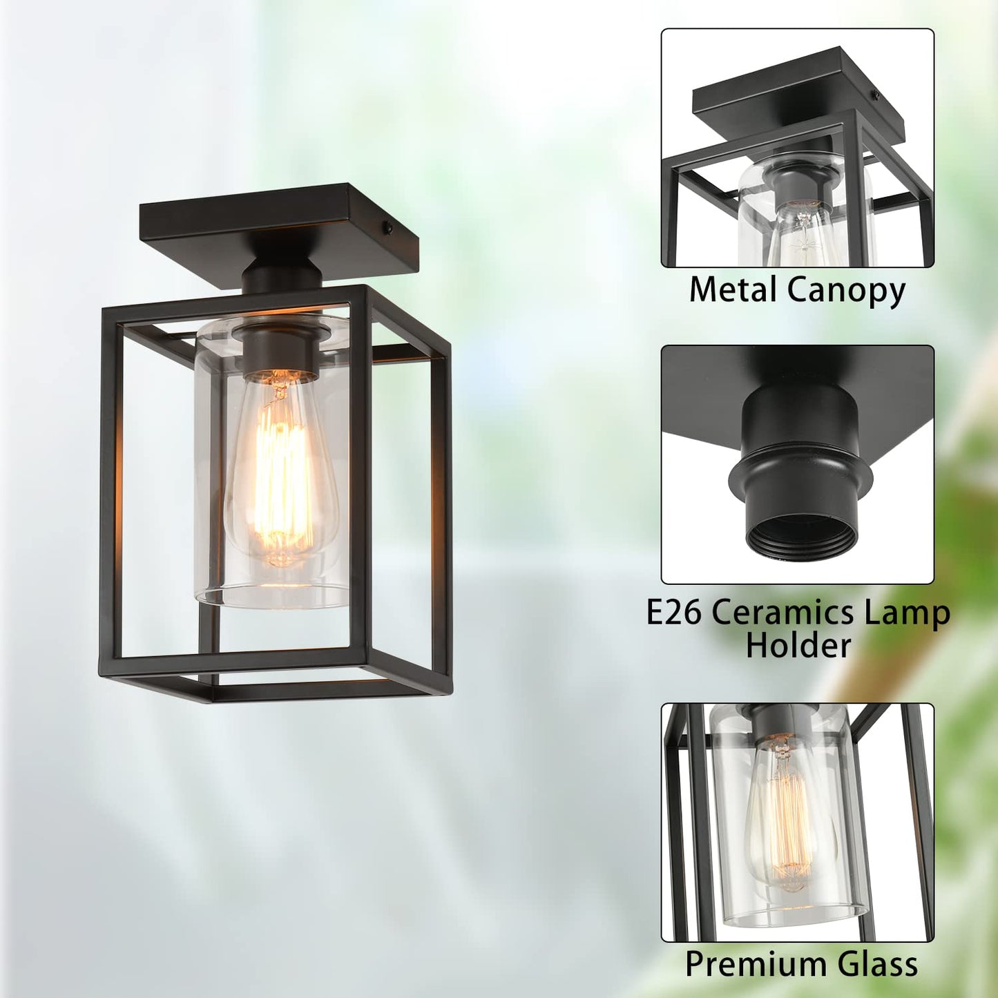 IHENGYANLT 1 Pack Semi Flush Mount Black Metal Frame Ceiling Light with Clear Glass Shade, Farmhouse Fixture for Kitchen, Island, Entryway, Porch, Foyer, Dining Room