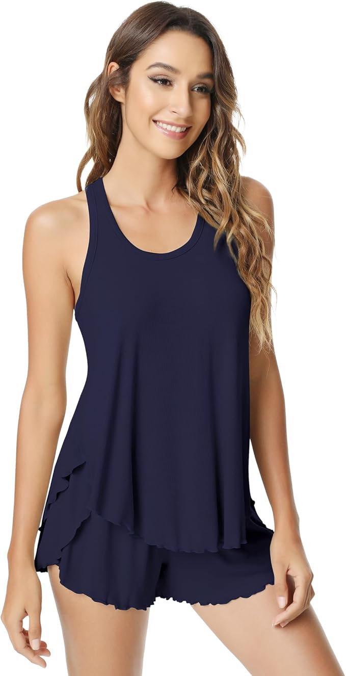 NACHILA Pajamas for Women-Viscose from Bamboo, Ribbed Racerback Tank Top Sexy Split Shorts Pajama Sets Cooling Sleep Cami Pjs
