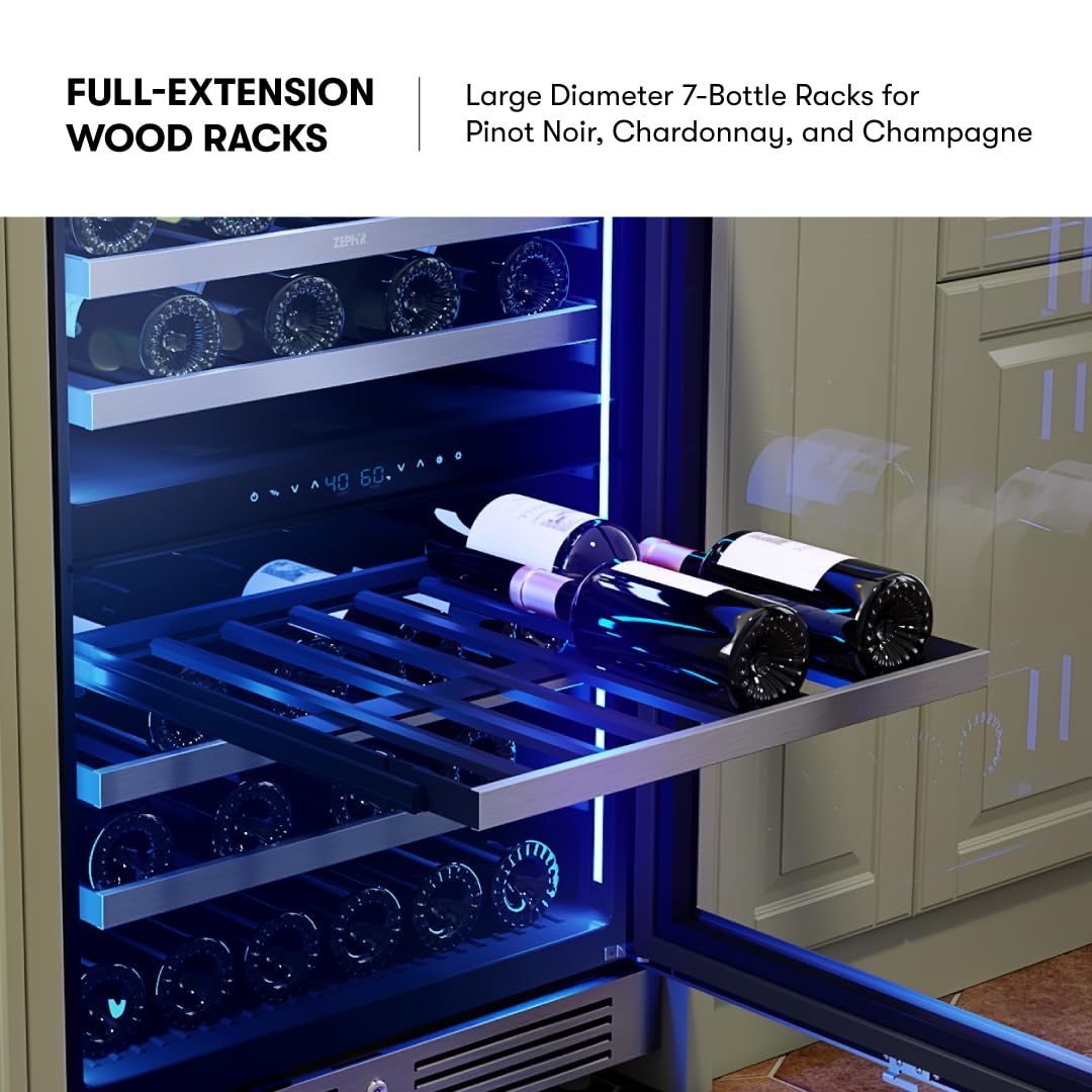 Zephyr Presrv 24" Wine Fridge Dual Zone Under Counter - Countertop Mini Wine Cooler Cellars Small Cabinet Wine Refrigerator Home Bar Chiller Freestanding with Glass Door, 45 Bottles 750ml