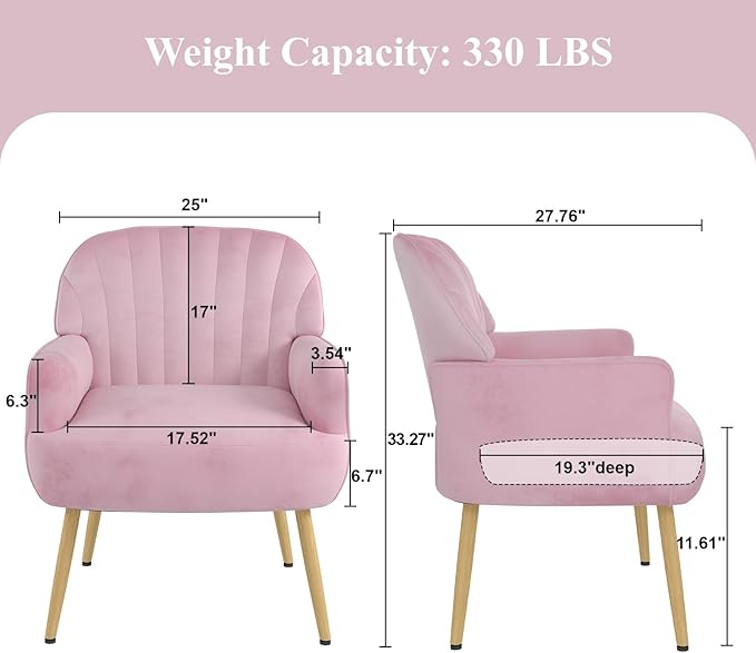 Holiway Velvet Accent Chair, Upholstered Modern Leisure Single Sofa Side Chair, Comfy Tufted Back Armchair with Metal Legs for Living Room/Bedroom/Office/Reading Room, Pink
