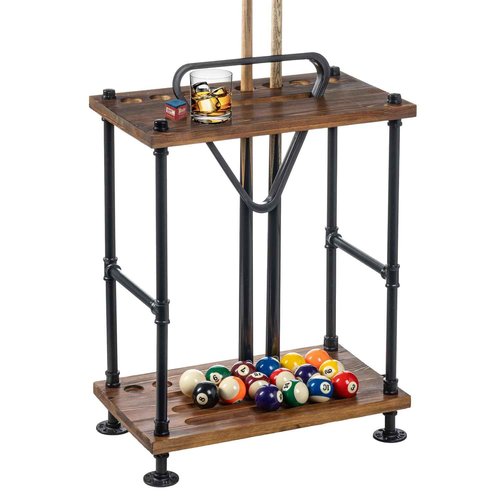 MyGift Rustic Burnt Solid Wood Pool Cue Stick Holder, Ball Holder, and Triangle Rack Hook Organizer Stand with Industrial Black Metal Pipe Frame, Freestanding Billiard Equipment All-in-One Storage