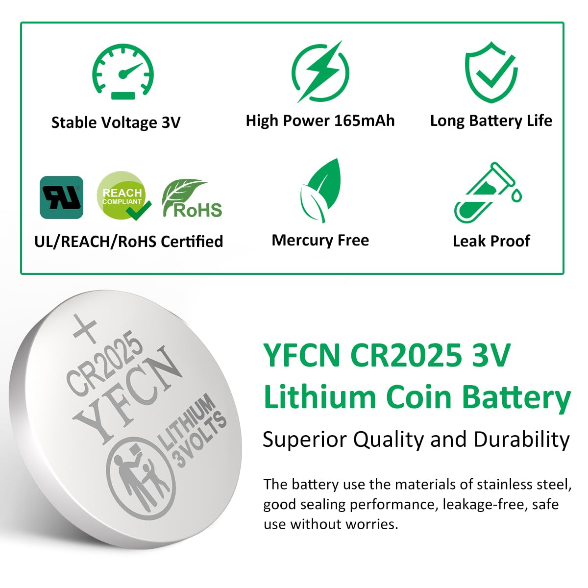 Yfcn Cr2025 Battery 3V Lithium Battery 5 Count Pack Cr2025 Batteries For Key Fobs, Remote Control, Led Candles, Thermometers - C