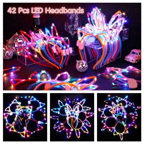 Giegxin 42 Pcs Glow in The Dark Headband Set, 14 Unicorn Style Light up Headband 14 Cute Cat Ear Luminous 14 Rabbit Bunny ...
