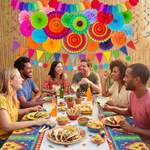 35PCS Fiesta Paper Fan Party Decorations Set - Cinco De Mayo Pom Poms,Pennant,Garland String,Banner,Hanging Swirls Hispani...