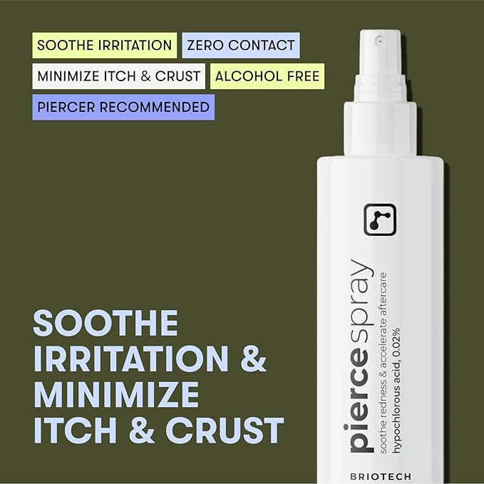 BRIOTECH Pierce Spray, Hypochlorous Acid, Gentle Piercing Aftercare, Calm Redness & Itch, Reduce Bumps, HOCl Saline Spray, Contact Free, No Rinse or Residue, Alcohol Free, 4 fl oz
