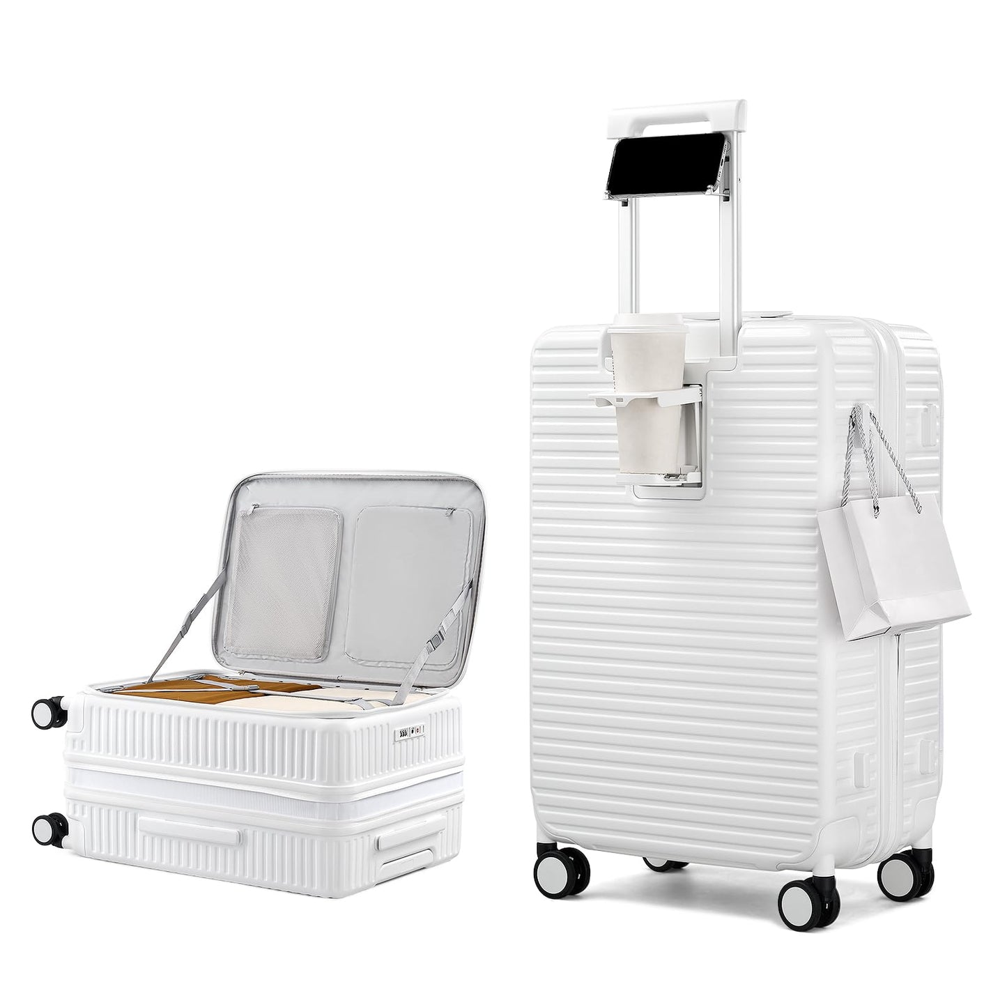 HanTrip Hard Shell Suitcases 24 Inch Check in Luggage with Spinner Wheels Cup Holder, Lightweight Top Opening Expandable Luggage Hard Case Rolling Medium Checked Suitcase with Lock, White