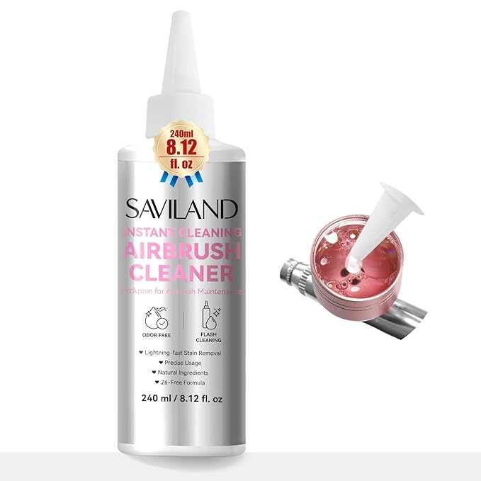 SAVILAND Airbrush Cleaner Instant Cleaning: 8.12 fl. oz Airbrush Cleaner Solution Low Odor Natural Ingredients Quickly Remove Water-Based Acrylic Paint Watercolor Airbrush Gel Nail Polish Clean Clog