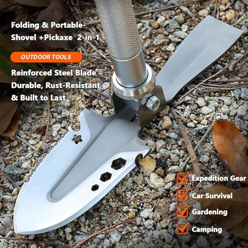 Survival Shovel with Pickaxe, 3-Section Adjustable Folding Shovel, Heavy-Duty Tactical Shovel Multifunctional Camping Gear...