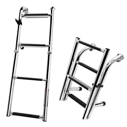 Folding Stainless Steel Boat Ladder 4 Step Pontoon 2+2 Step Portable Transom Mount Marine Stepladder, Rated to 400 Pounds
