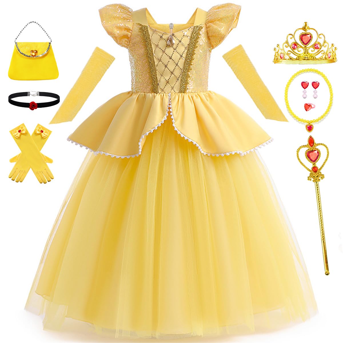 Luzlen Belle Costume for Girls Yellow Princess Dress up Halloween Birthday Party Cosplay Outfits with Accessories Yellow, 4-5T(Tag 120)