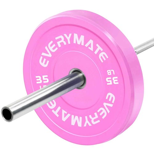 EVERYMATE Pink 35LB Olympic Bumper Plates - Grip Weight Plates for Strength Training & Crossfit - Steel Inserts - Fit 2" Barbells - Virgin Rubber Weights