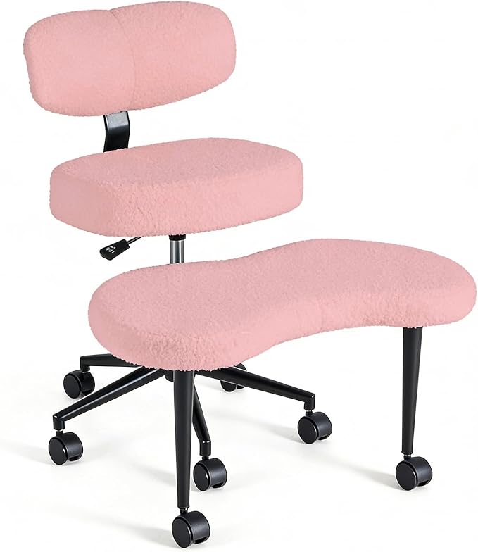 DUMOS Ergonomic ADHD Cross Legged Office Desk Chair with Adjustable Backrest, Height Adjustbale Meditation Chair with 360° Swivel Footstool, Teddy Fabric Yoga Stool for Home Office, Pink