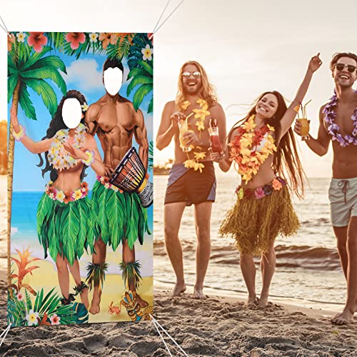 Tudomro 6 x 4 ft Hawaiian Photo Props Banner Tropical Luau Tiki Couple Door Banner Aloha Party Decorations Fabric Luau Pho...