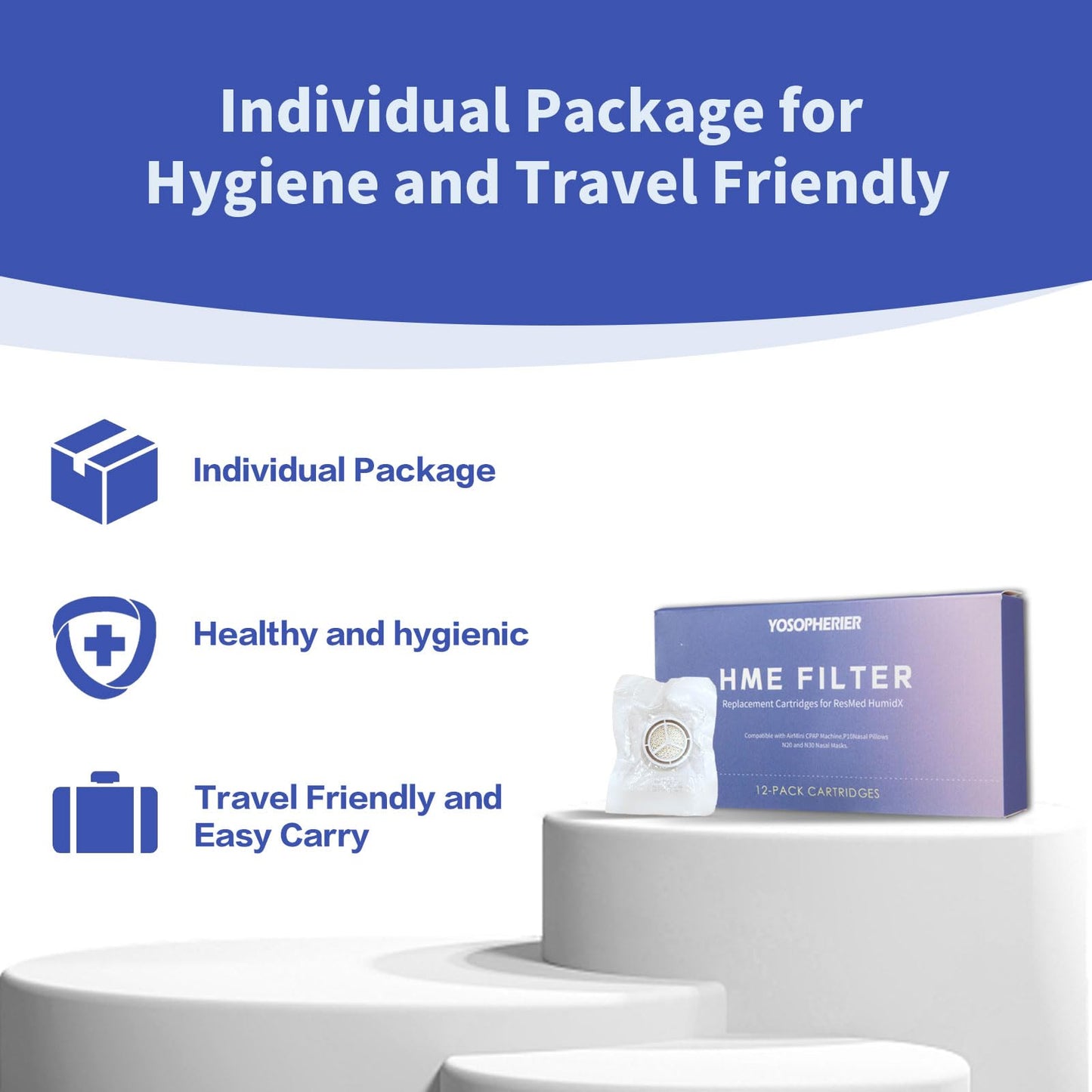 Yosopherier HME Filter, Replacement Cartridges for ResMed HumidX, Compatible with Airmini CPAP Machine & P10 Nasal Pillows, N20 and N30 Nasal Masks, 12-Pack Cartridges
