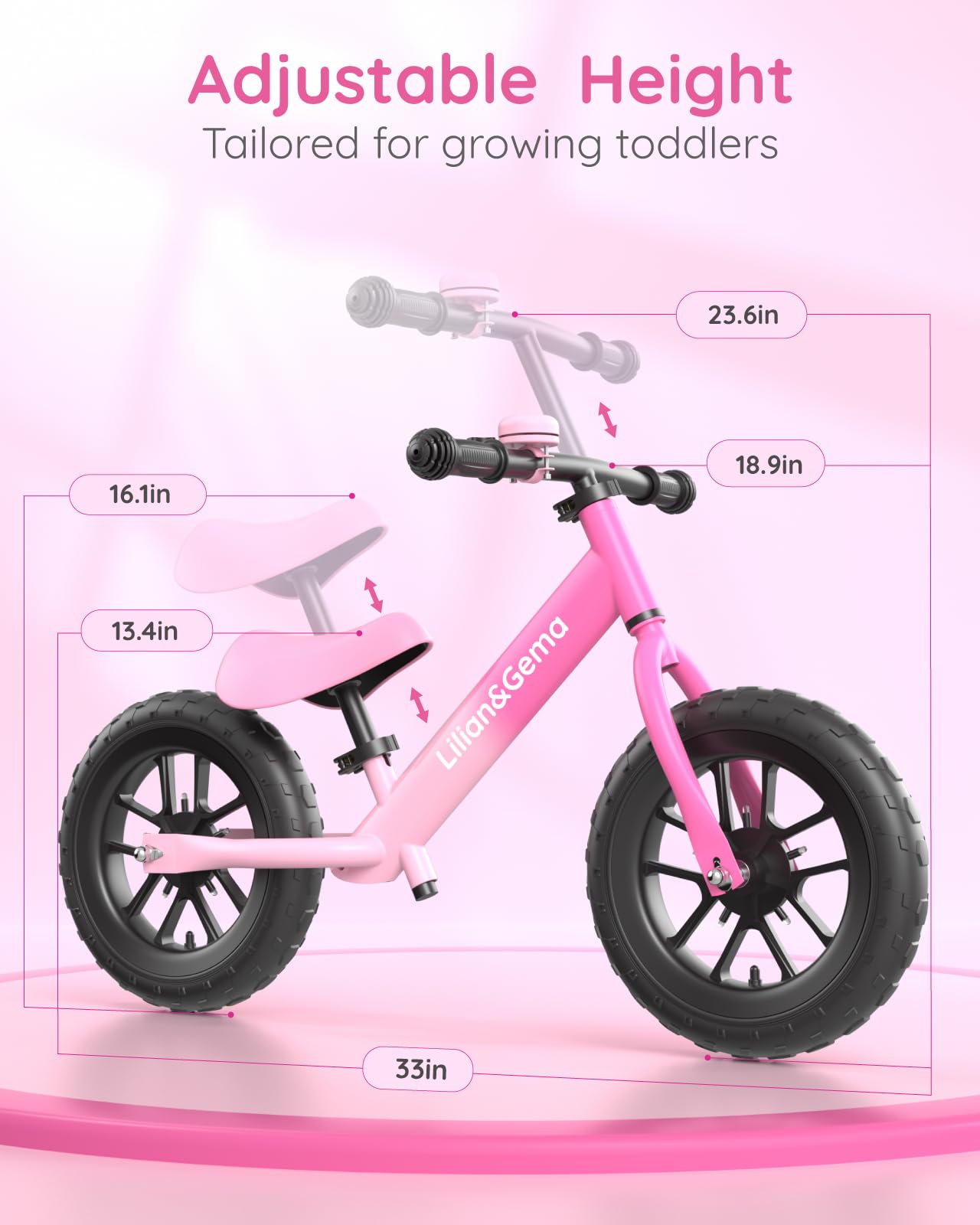 Lilian&Gema Toddler Balance Bike Colorful Lighting, 12'' Kids Balance Bike for 2-5 Years Old with Adjustable Seat & Handlebar, Toddler Gift Bike Suitable for Boys and Girls Ages 2 3 4 5, Pink