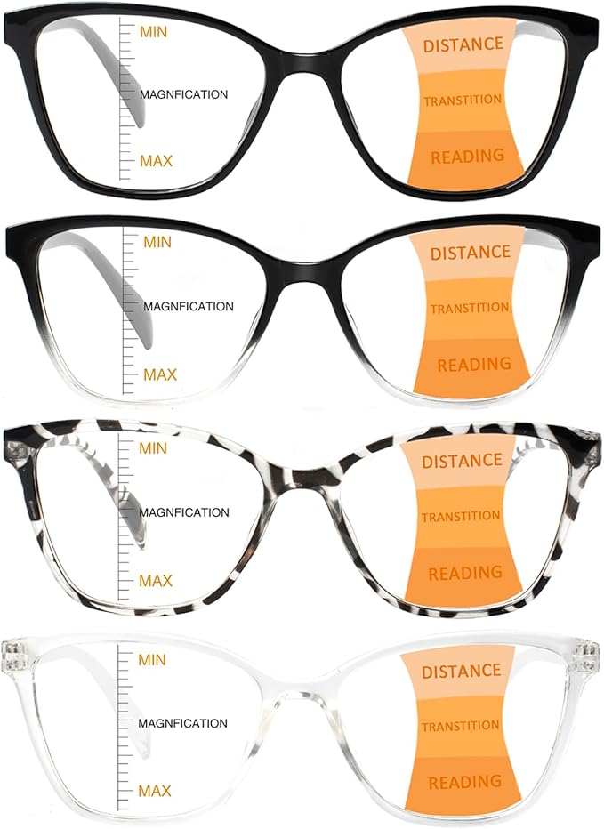 VisiWell 4 Pack Progressive Multifocus Reading Glasses for Women Men Blue Light Blocking Readers with Spring Hinge