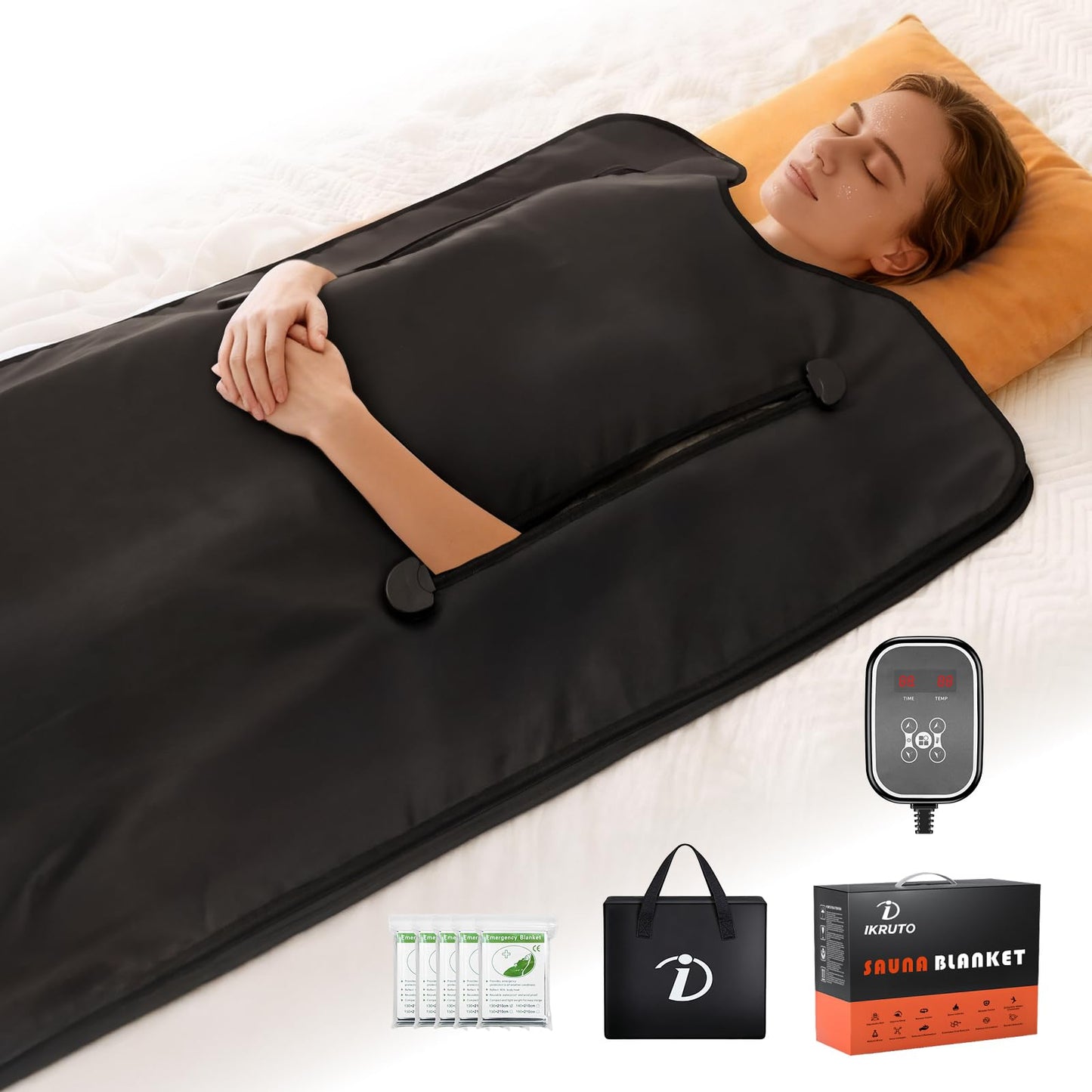 IKRUTO Infrared Sauna Blanket for Home - PU Portable Sauna Blanket for Detox & Relaxation 86℉-176℉ Adjustable, 60 Min Timer, Body Blanket with 5 pcs Detox Wrap & Portable Carring Bag at Home Sauna