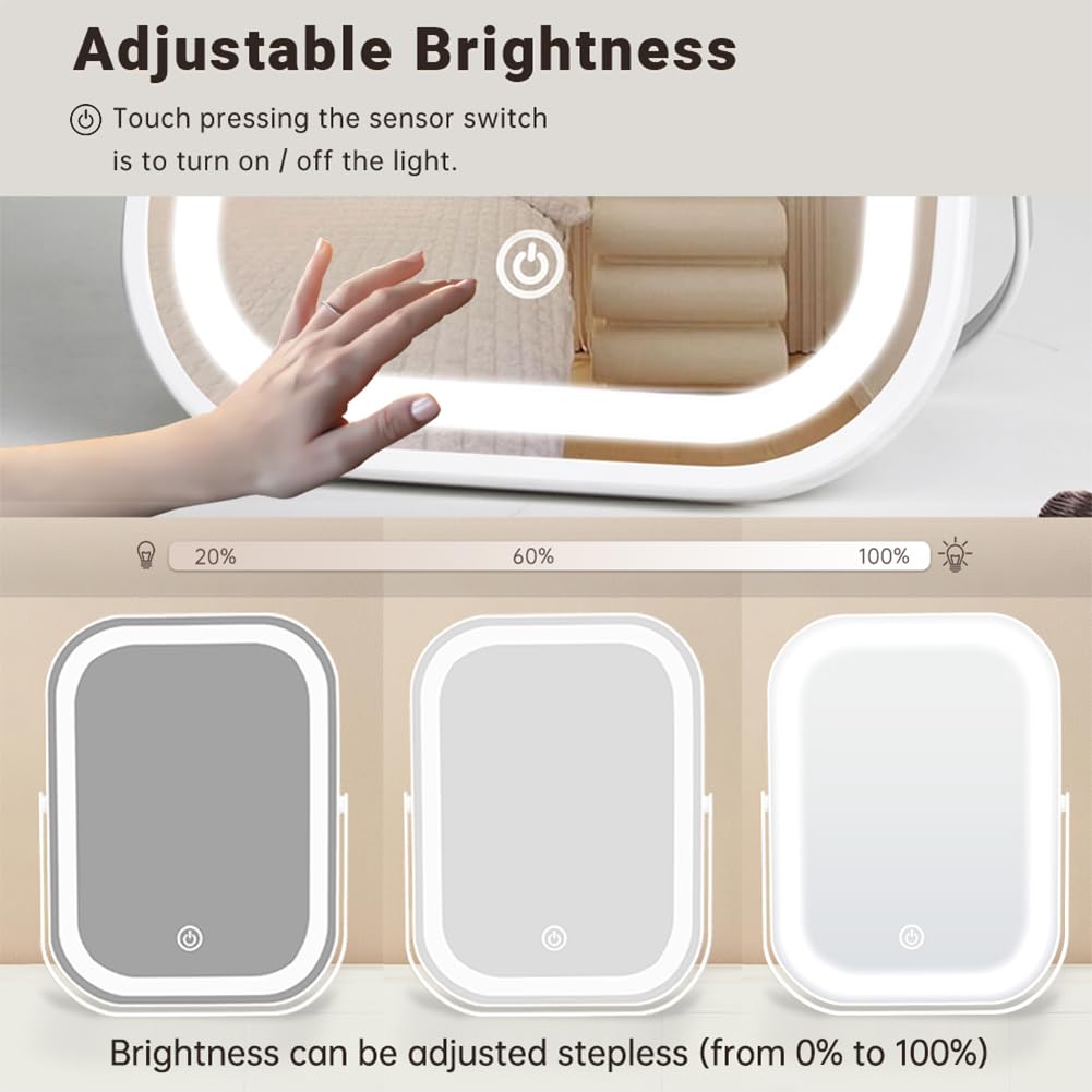 YEKKOPT Rechargeable Vanity Mirror with Lights,8x10 Inch 3 Color Lighting Portable Makeup Mirror with Touch Screen Adjustable LE