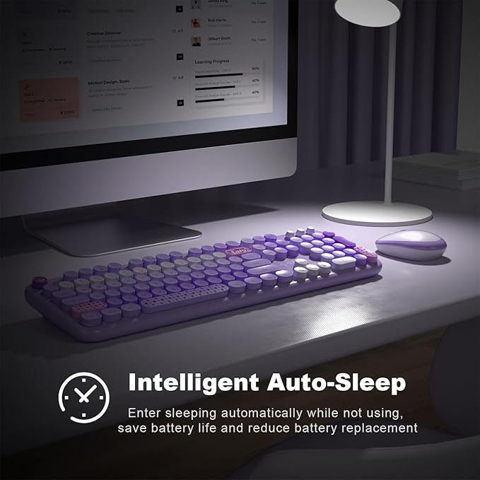 Wireless Keyboard and Mouse Combo, Full Size Retro Keyboard with Number Pad and 2 in 1 USB Connected Mouse for Windows 7/8/10, Laptop, Desktop, PC, Computer (Purple Colorful)