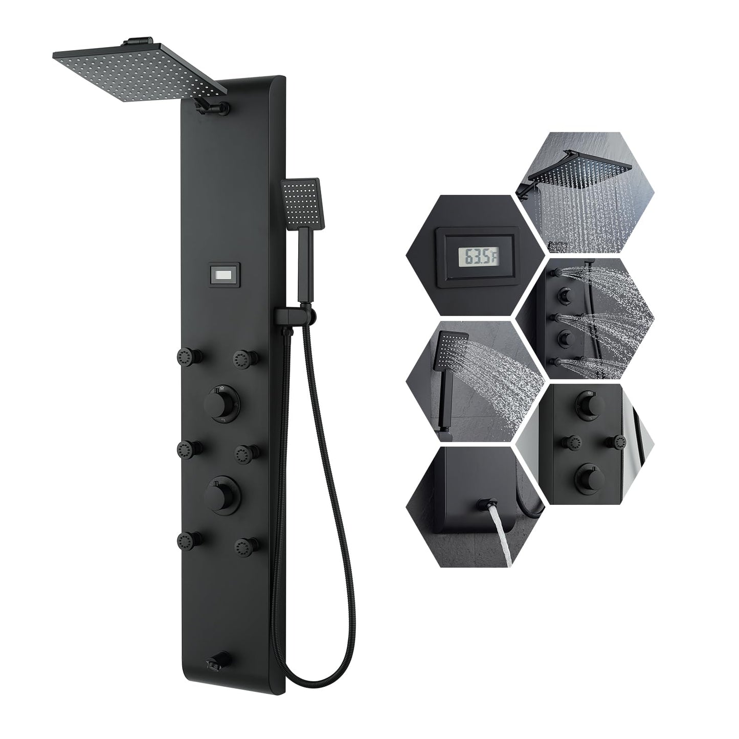 MENATT Stainless Steel Shower Panel Tower System with Height Adjustable Rainfall Shower Head, 4 in 1 Shower Panels with 6 Body Jets, Handheld Shower, Tub Spout, Brushed